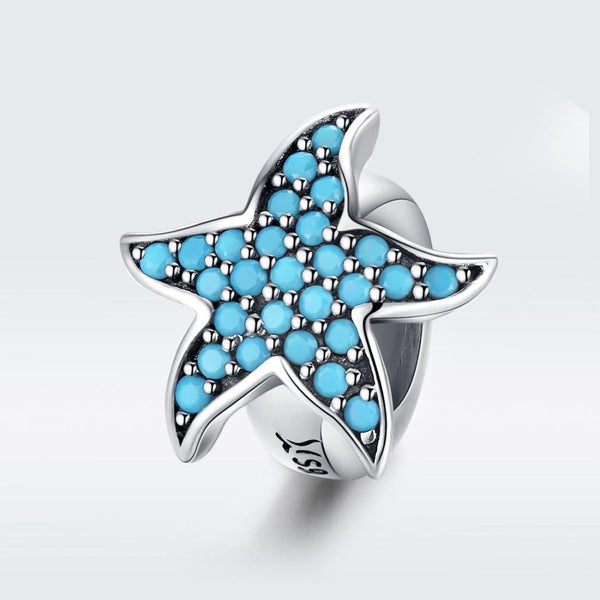 Blue Starfish Sterling Silver Zircon CZ Bead Charm Pendant Bracelet Necklace