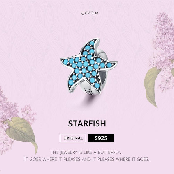 Blue Starfish Sterling Silver Zircon CZ Bead Charm Pendant Bracelet Necklace