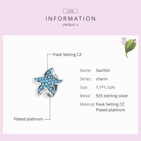 Blue Starfish Sterling Silver Zircon CZ Bead Charm Pendant Bracelet Necklace