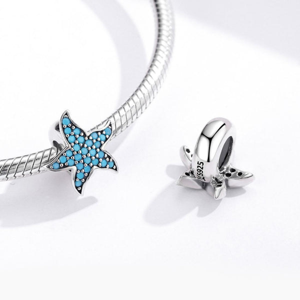 Blue Starfish Sterling Silver Zircon CZ Bead Charm Pendant Bracelet Necklace