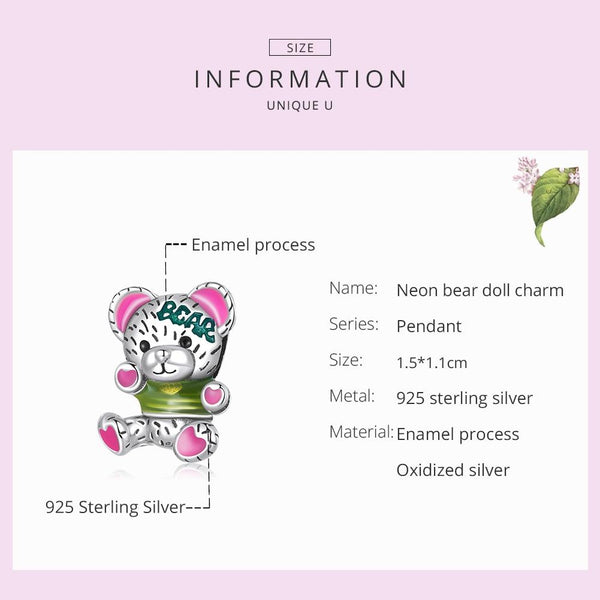 Colourful Teddy Bear Enamel Sterling Silver Bead Charm Bracelet Necklace