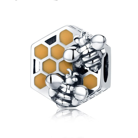 Bees Honeycomb Enamel Sterling Silver Bead Charm Pendant Bracelet Necklace