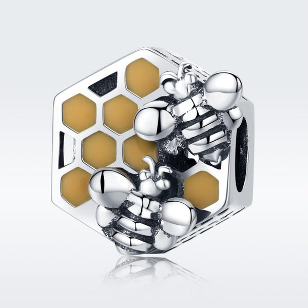Bees Honeycomb Enamel Sterling Silver Bead Charm Pendant Bracelet Necklace