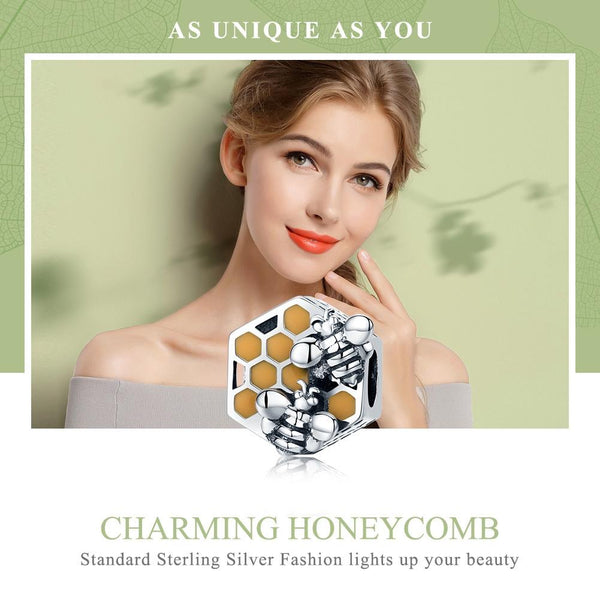 Bees Honeycomb Enamel Sterling Silver Bead Charm Pendant Bracelet Necklace