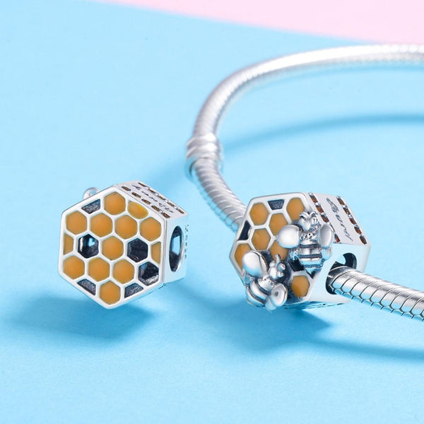 Bees Honeycomb Enamel Sterling Silver Bead Charm Pendant Bracelet Necklace