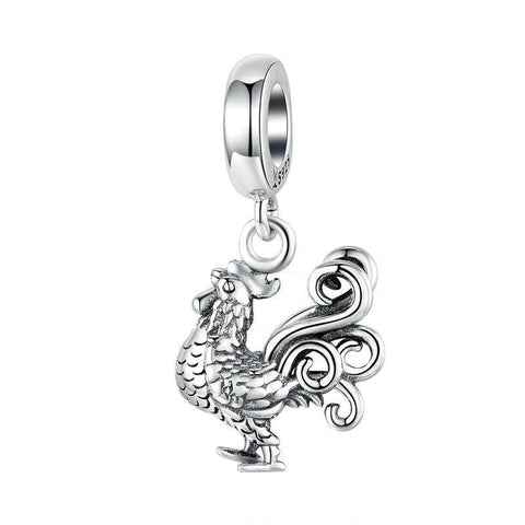 Cockrel Rooster Chicken Sterling Silver Bead Charm Bracelet Necklace Pendant