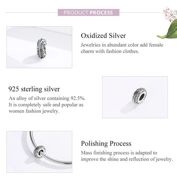 Feathers Sterling Silver Spacer Bead Charm Pendant Bracelet Necklace