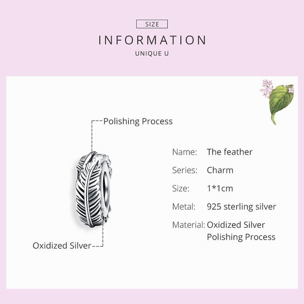 Feathers Sterling Silver Spacer Bead Charm Pendant Bracelet Necklace