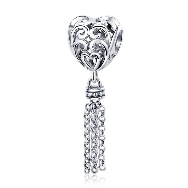 Love Heart Tassel Sterling Silver Bead Charm Bracelet Necklace Pendant