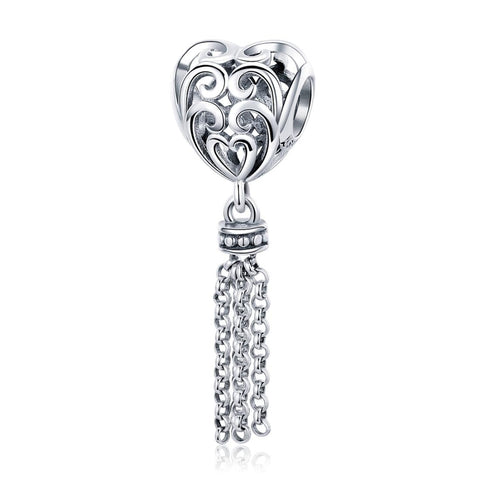 Love Heart Tassel Sterling Silver Bead Charm Bracelet Necklace Pendant