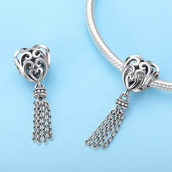 Love Heart Tassel Sterling Silver Bead Charm Bracelet Necklace Pendant
