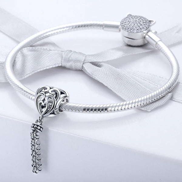 Love Heart Tassel Sterling Silver Bead Charm Bracelet Necklace Pendant