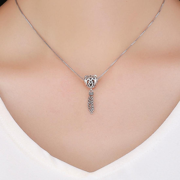 Love Heart Tassel Sterling Silver Bead Charm Bracelet Necklace Pendant