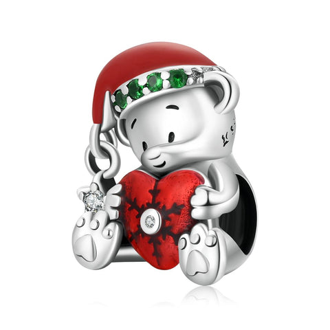 Christmas Teddy Bear Heart Enamel Sterling Silver CZ Bead Charm Bracelet Necklace