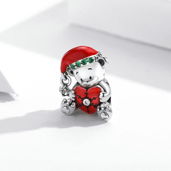 Christmas Teddy Bear Heart Enamel Sterling Silver CZ Bead Charm Bracelet Necklace