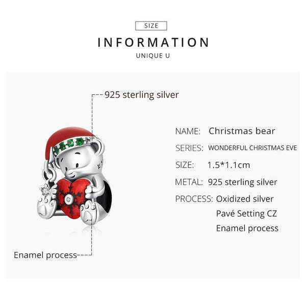 Christmas Teddy Bear Heart Enamel Sterling Silver CZ Bead Charm Bracelet Necklace
