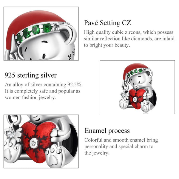 Christmas Teddy Bear Heart Enamel Sterling Silver CZ Bead Charm Bracelet Necklace