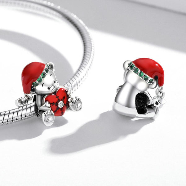 Christmas Teddy Bear Heart Enamel Sterling Silver CZ Bead Charm Bracelet Necklace