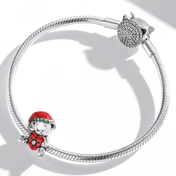 Christmas Teddy Bear Heart Enamel Sterling Silver CZ Bead Charm Bracelet Necklace