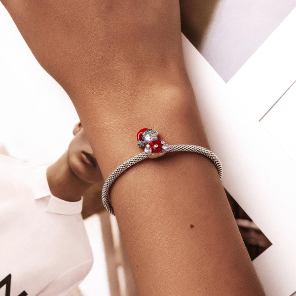 Christmas Teddy Bear Heart Enamel Sterling Silver CZ Bead Charm Bracelet Necklace