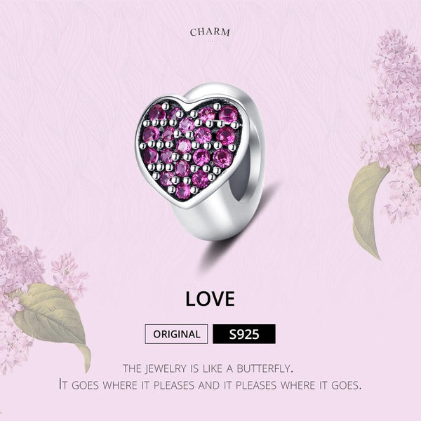 Purple Love Heart Sterling Silver Zircon CZ Bead Charm Bracelet Necklace