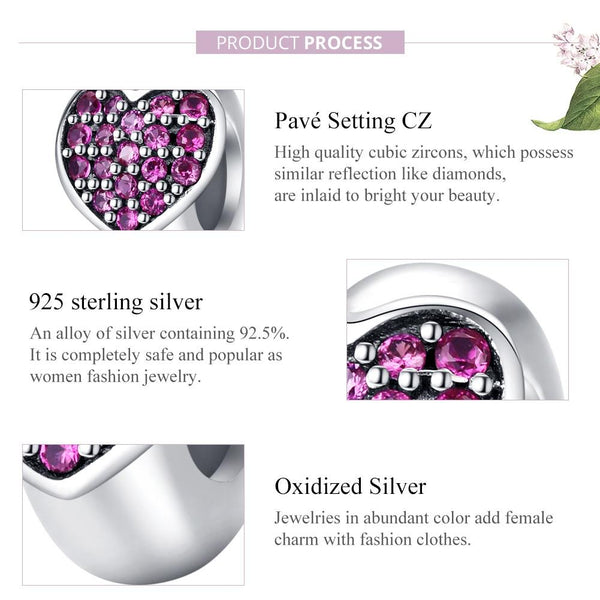 Purple Love Heart Sterling Silver Zircon CZ Bead Charm Bracelet Necklace
