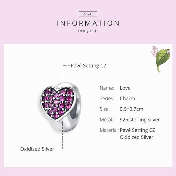 Purple Love Heart Sterling Silver Zircon CZ Bead Charm Bracelet Necklace