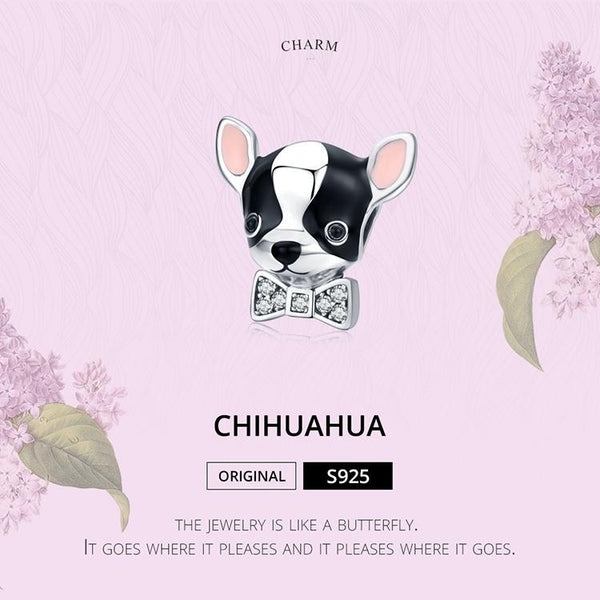 Chihuahua Enamel Silver Zircon CZ Bead Charm Bracelet Necklace