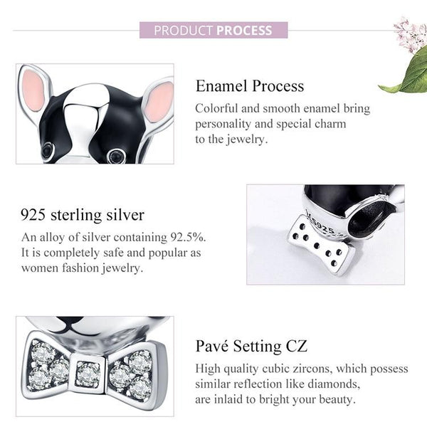 Chihuahua Enamel Silver Zircon CZ Bead Charm Bracelet Necklace