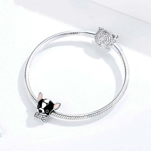 Chihuahua Enamel Silver Zircon CZ Bead Charm Bracelet Necklace