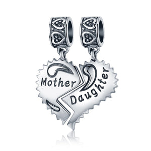 Mother Daughter Heart Sterling Silver Bead Charm Bracelet Necklace