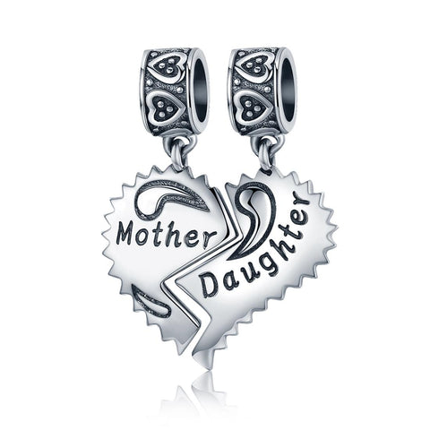 Mother Daughter Heart Sterling Silver Bead Charm Bracelet Necklace