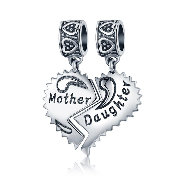 Mother Daughter Heart Sterling Silver Bead Charm Bracelet Necklace