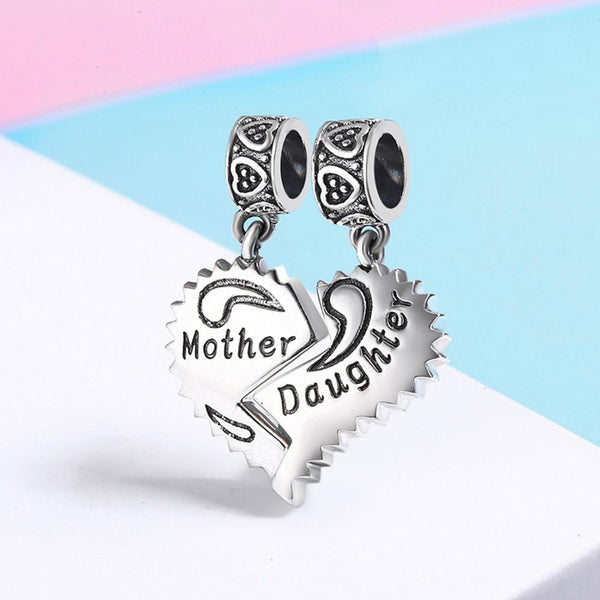 Mother Daughter Heart Sterling Silver Bead Charm Bracelet Necklace