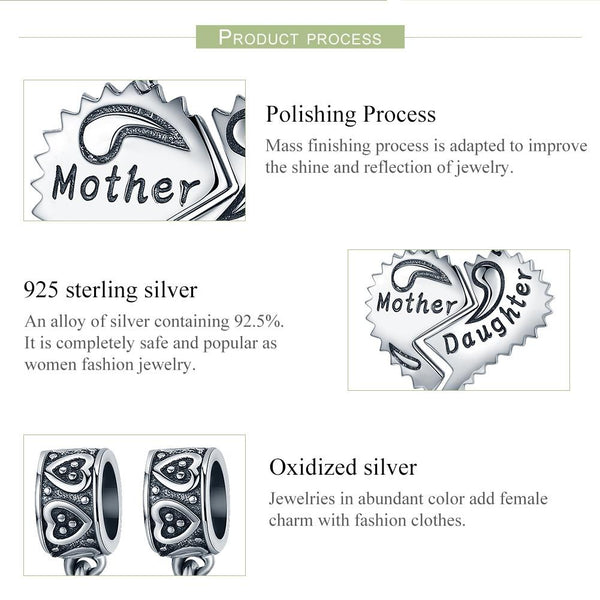 Mother Daughter Heart Sterling Silver Bead Charm Bracelet Necklace