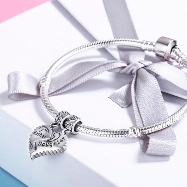 Mother Daughter Heart Sterling Silver Bead Charm Bracelet Necklace