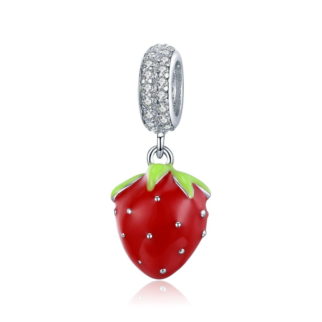 Strawberry Enamel Sterling Silver Zircon CZ Bead Charm Pendant Bracelet Necklace