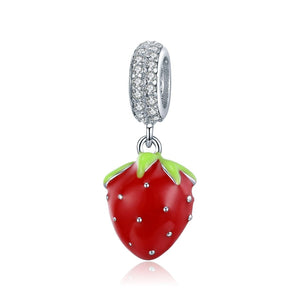 Strawberry Enamel Sterling Silver Zircon CZ Bead Charm Pendant Bracelet Necklace