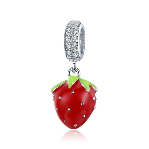 Strawberry Enamel Sterling Silver Zircon CZ Bead Charm Pendant Bracelet Necklace