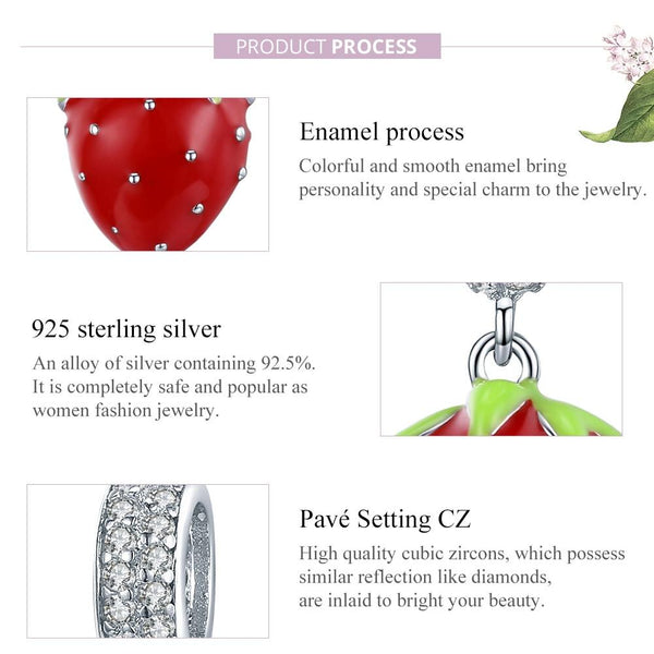 Strawberry Enamel Sterling Silver Zircon CZ Bead Charm Pendant Bracelet Necklace