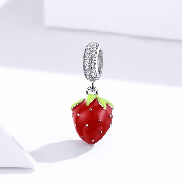 Strawberry Enamel Sterling Silver Zircon CZ Bead Charm Pendant Bracelet Necklace