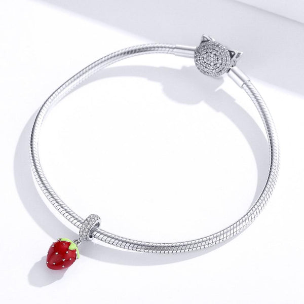 Strawberry Enamel Sterling Silver Zircon CZ Bead Charm Pendant Bracelet Necklace
