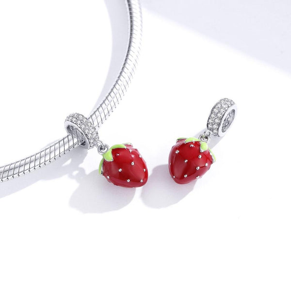 Strawberry Enamel Sterling Silver Zircon CZ Bead Charm Pendant Bracelet Necklace