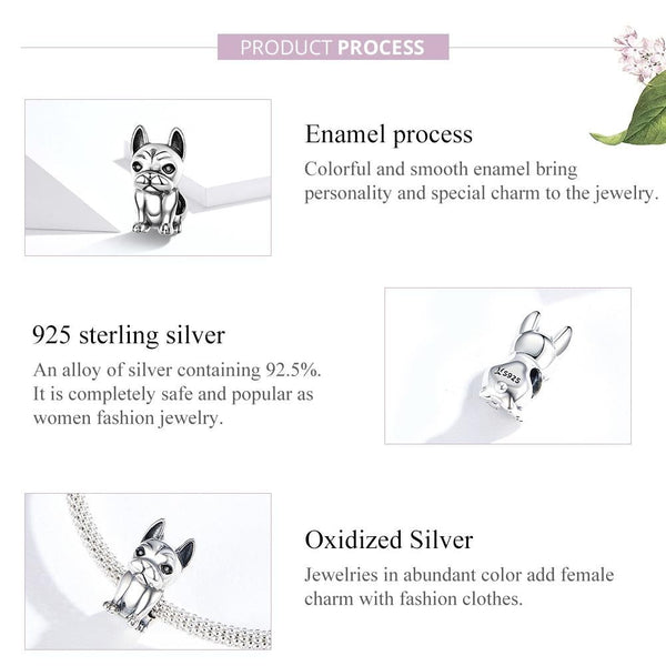 French Bulldog Enamel Sterling Silver Bead Charm Pendant Bracelet Necklace