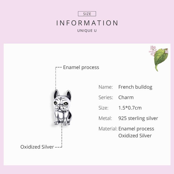 French Bulldog Enamel Sterling Silver Bead Charm Pendant Bracelet Necklace