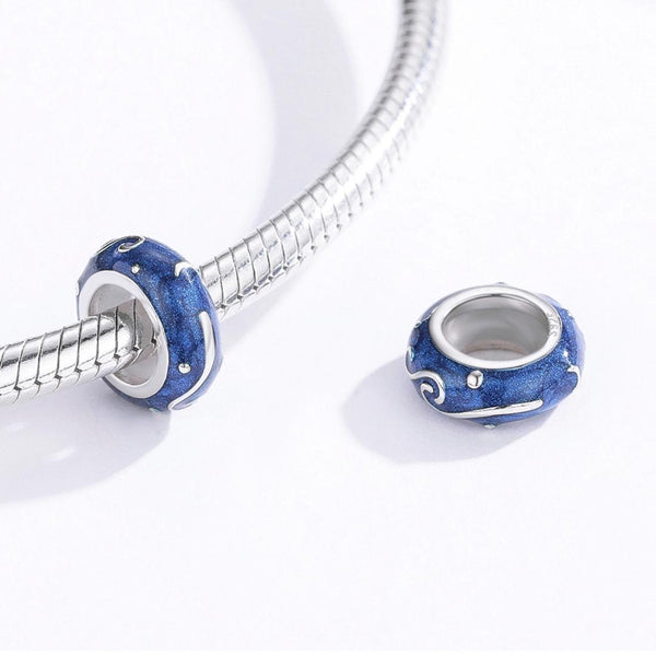 Swirl Blue Enamel Sterling Silver Spacer Bead Charm Pendant Bracelet Necklace