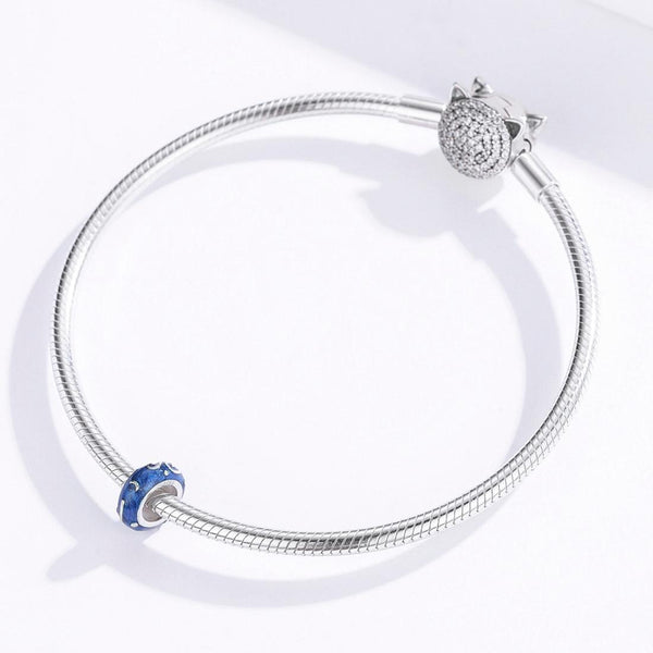 Swirl Blue Enamel Sterling Silver Spacer Bead Charm Pendant Bracelet Necklace
