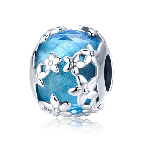 Daisies Blue Enamel Sterling Silver Spacer Bead Charm Bracelet Necklace