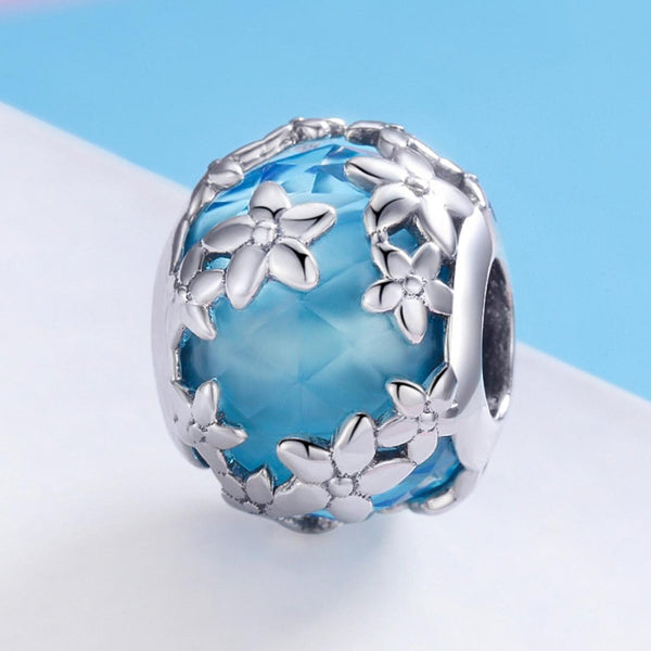 Daisies Blue Enamel Sterling Silver Spacer Bead Charm Bracelet Necklace