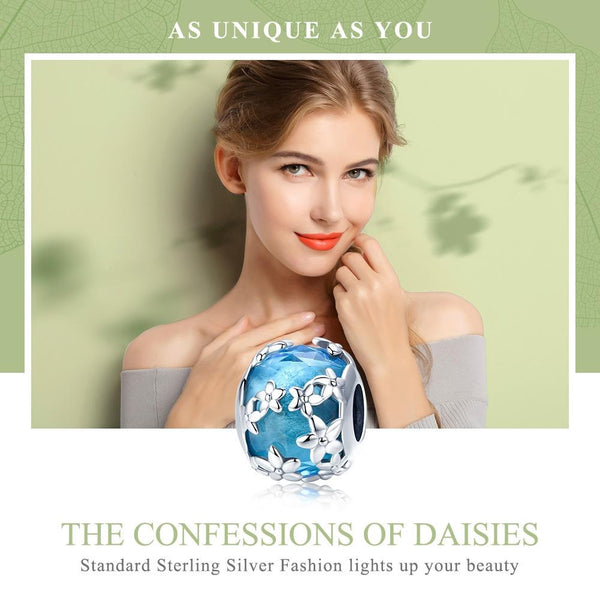 Daisies Blue Enamel Sterling Silver Spacer Bead Charm Bracelet Necklace